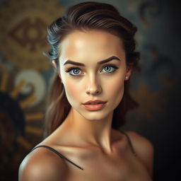 A portrait of a young woman with features resembling a famous actress, exuding elegance and confidence, set against a dramatic and artsy backdrop with soft lighting