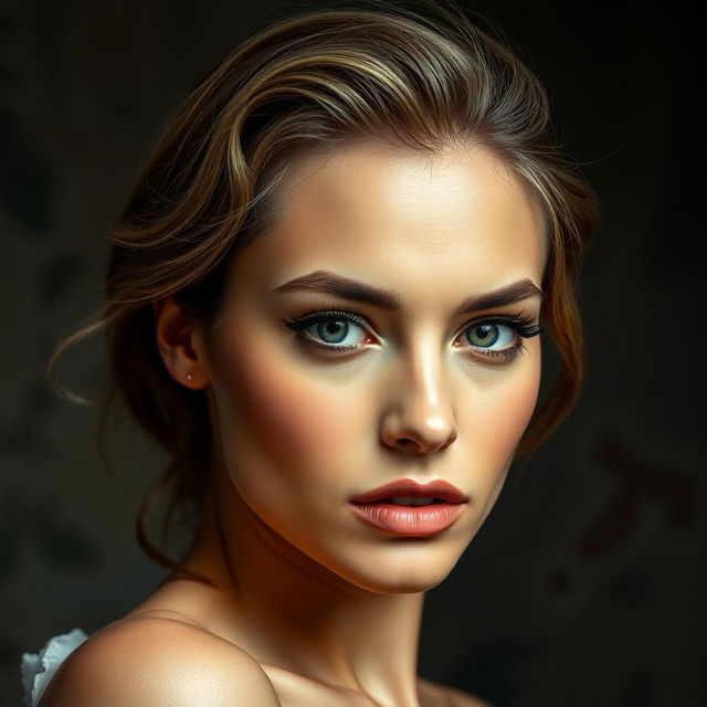 A portrait of a young woman with features resembling a famous actress, exuding elegance and confidence, set against a dramatic and artsy backdrop with soft lighting