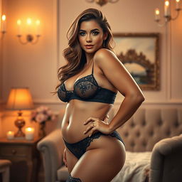 A hyper-realistic portrayal of a confident model with an emphasis on her curvy figure, particularly highlighting her voluptuous silhouette