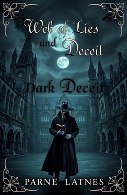 A dark academia themed book cover for a fictional novel titled 'Web of Lies and Deceit'