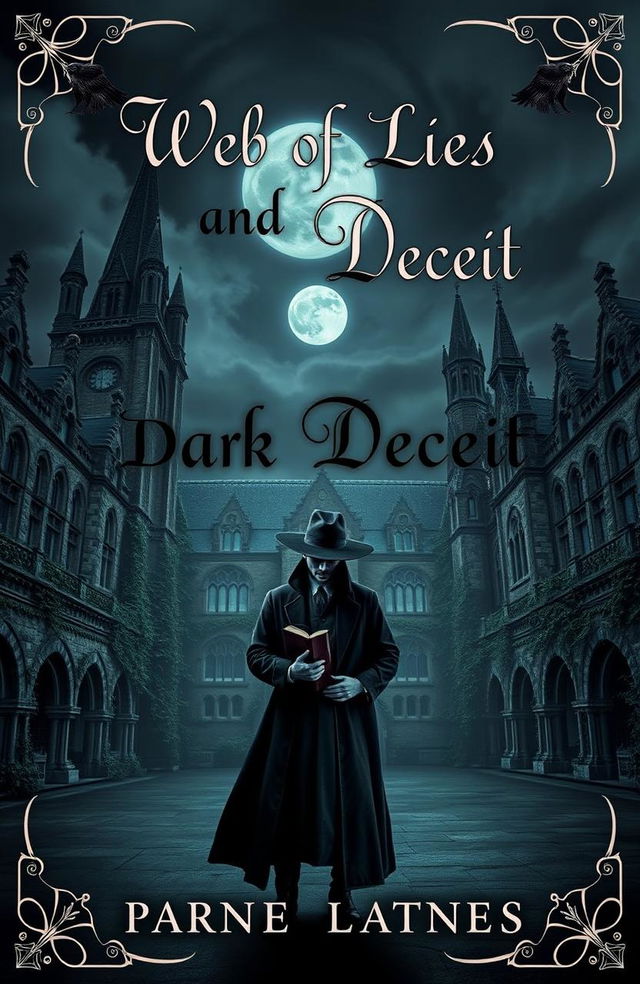 A dark academia themed book cover for a fictional novel titled 'Web of Lies and Deceit'