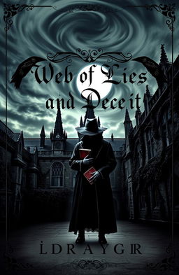 A dark academia themed book cover for a fictional novel titled 'Web of Lies and Deceit'