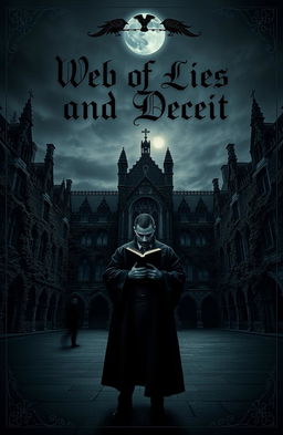 A dark academia themed book cover for a fictional novel titled 'Web of Lies and Deceit'