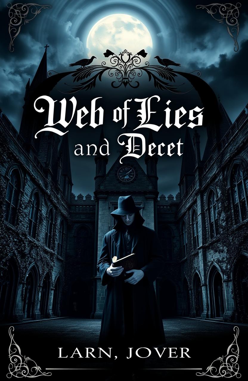 A dark academia themed book cover for a fictional novel titled 'Web of Lies and Deceit'