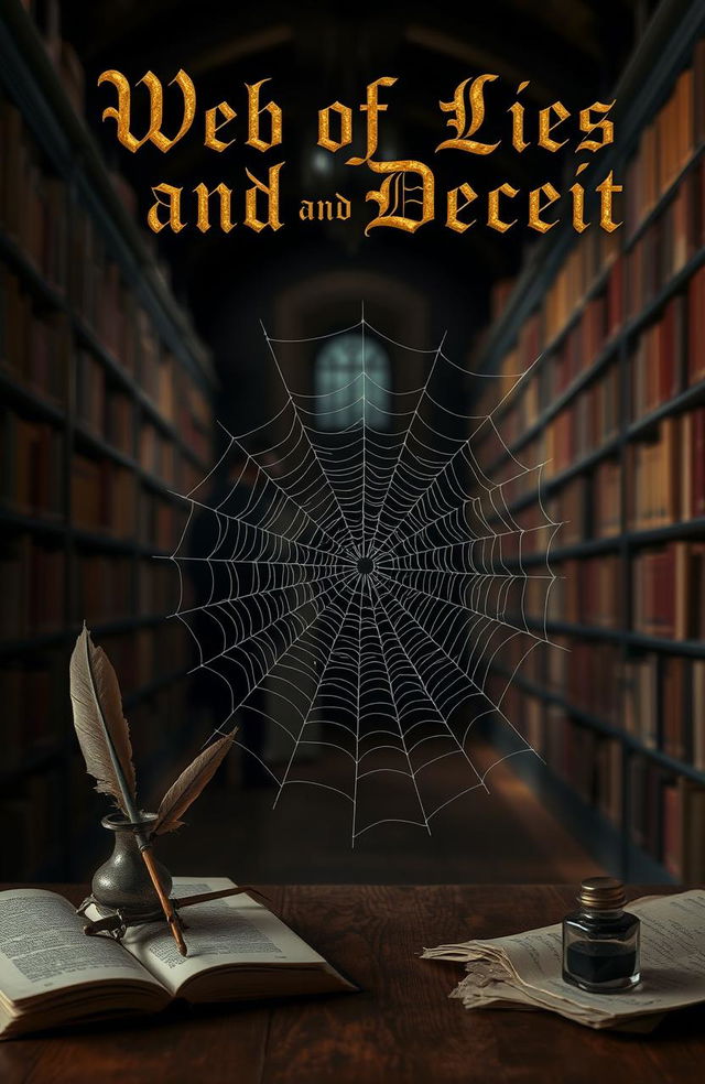 A captivating book cover design for a fictional novel titled 'Web of Lies and Deceit'