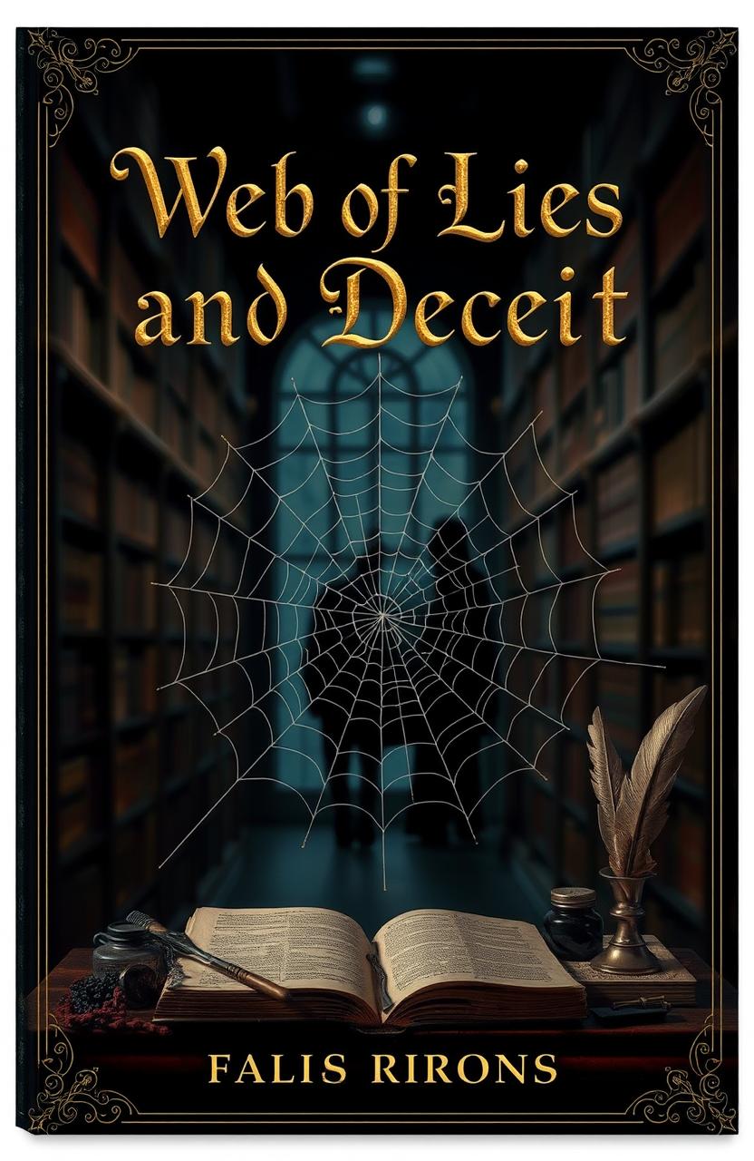 A captivating book cover design for a fictional novel titled 'Web of Lies and Deceit'