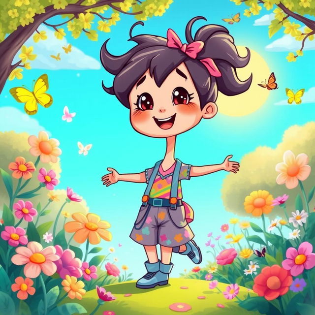 A whimsical scene featuring a cute, cartoon-style girl weighing 20 kg, depicted as adventurous and playful