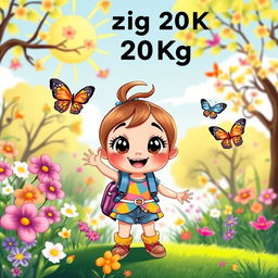 A whimsical scene featuring a cute, cartoon-style girl weighing 20 kg, depicted as adventurous and playful