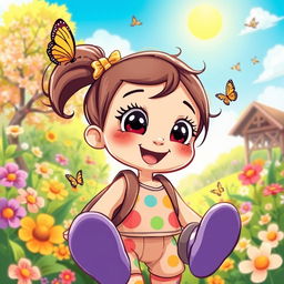 A whimsical scene featuring a cute, cartoon-style girl weighing 20 kg, depicted as adventurous and playful