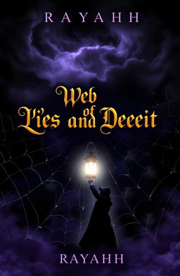 A mystical book cover design for 'Web of Lies and Deceit' by Rayahh, featuring a tangled spider web as the background, with dark, swirling clouds above