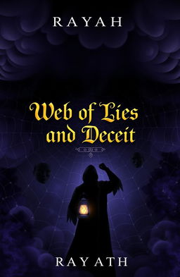 A mystical book cover design for 'Web of Lies and Deceit' by Rayahh, featuring a tangled spider web as the background, with dark, swirling clouds above
