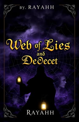 A mystical book cover design for 'Web of Lies and Deceit' by Rayahh, featuring a tangled spider web as the background, with dark, swirling clouds above