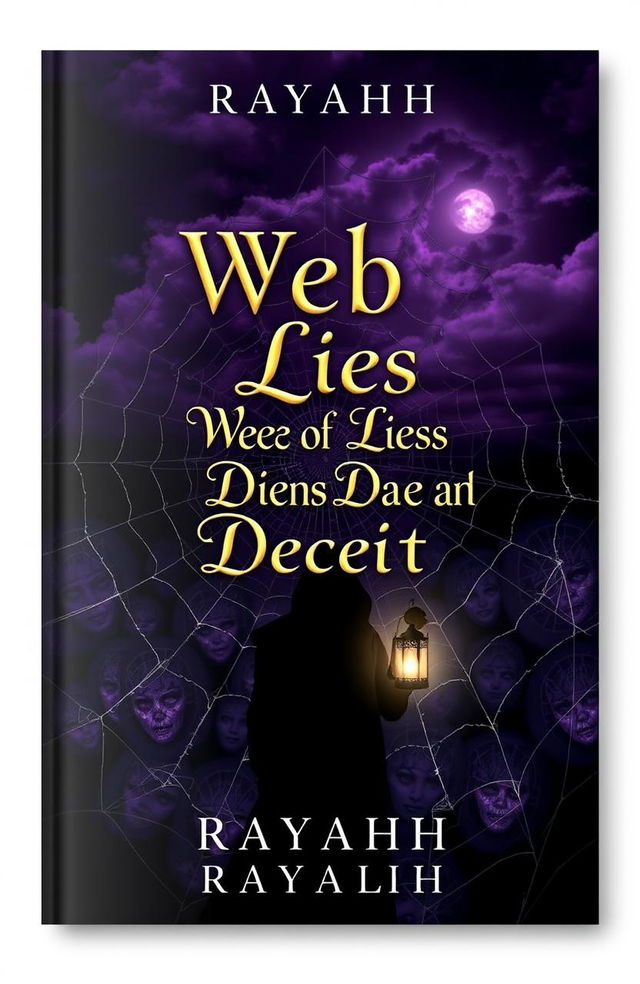 A mystical book cover design for 'Web of Lies and Deceit' by Rayahh, featuring a tangled spider web as the background, with dark, swirling clouds above