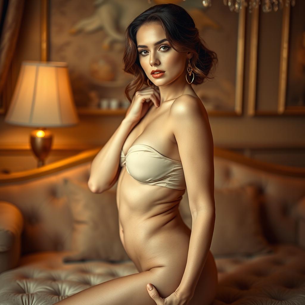 A tasteful and artistic representation of a sensual model posing confidently in a luxurious setting that embraces femininity