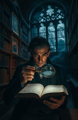 A dark academia setting featuring an elegant, ancient university library with dim lighting and shelves filled with dusty, leather-bound books