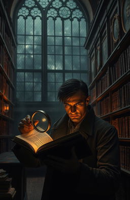 A dark academia setting featuring an elegant, ancient university library with dim lighting and shelves filled with dusty, leather-bound books