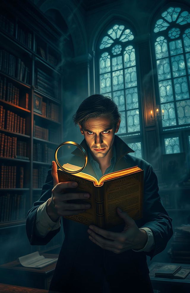 A dark academia setting featuring an elegant, ancient university library with dim lighting and shelves filled with dusty, leather-bound books