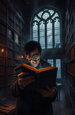 A dark academia setting featuring an elegant, ancient university library with dim lighting and shelves filled with dusty, leather-bound books