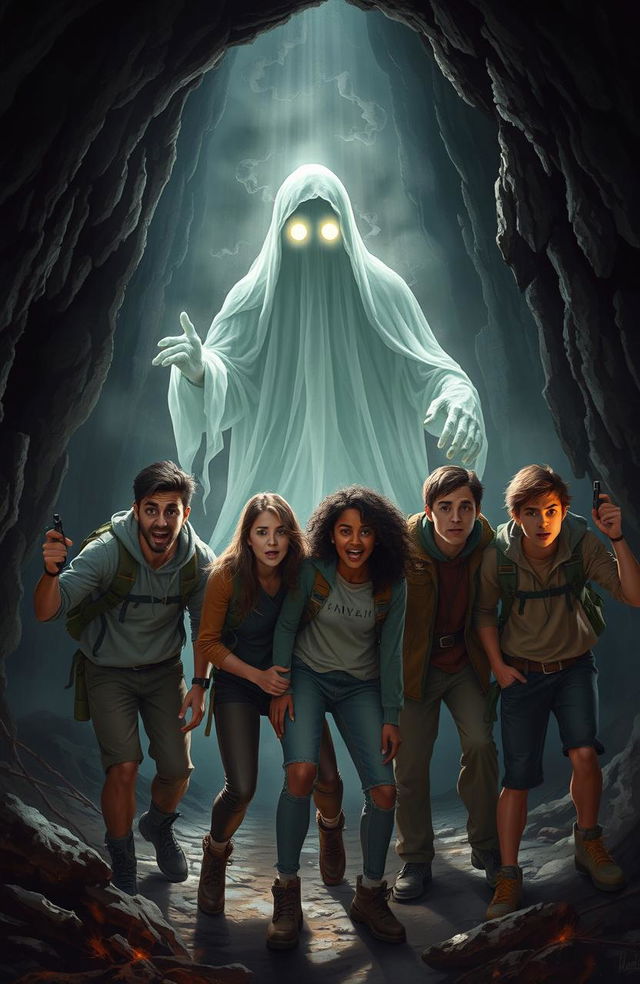 A group of brave students, spanning various ethnicities, working together in a dimly lit cave with eerie shadows