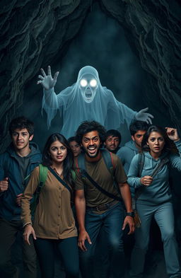 A group of brave students, spanning various ethnicities, working together in a dimly lit cave with eerie shadows
