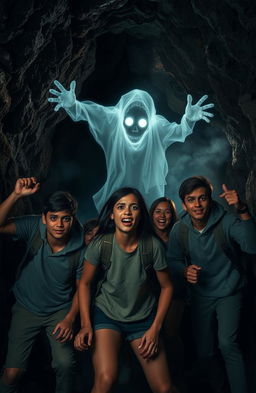 A group of brave students, spanning various ethnicities, working together in a dimly lit cave with eerie shadows