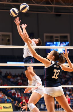 An intense volleyball match scene featuring a male spiker jumping high to spike the ball over the net, showcasing his athleticism and focus