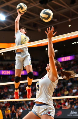 An intense volleyball match scene featuring a male spiker jumping high to spike the ball over the net, showcasing his athleticism and focus