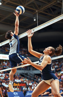 An intense volleyball match scene featuring a male spiker jumping high to spike the ball over the net, showcasing his athleticism and focus