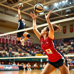 An exhilarating volleyball match scene highlighting a male spiker in mid-air, powerfully spiking the ball over the net with precision and intensity