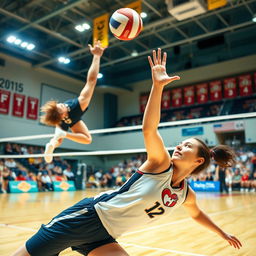 An exhilarating volleyball match scene highlighting a male spiker in mid-air, powerfully spiking the ball over the net with precision and intensity