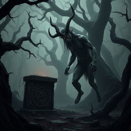 A dark and eerie forest scene featuring a corrupted satyr, embodying a sinister and evil presence