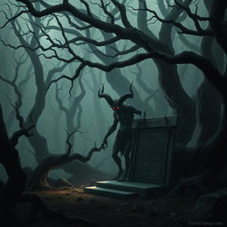 A dark and eerie forest scene featuring a corrupted satyr, embodying a sinister and evil presence