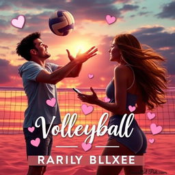 A romantic volleyball-themed book cover featuring a dramatic sunset backdrop on a beach volleyball court