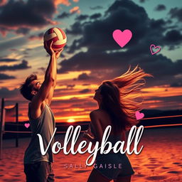 A romantic volleyball-themed book cover featuring a dramatic sunset backdrop on a beach volleyball court