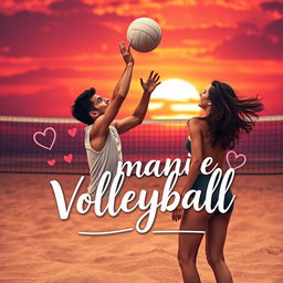 A romantic volleyball-themed book cover featuring a dramatic sunset backdrop on a beach volleyball court
