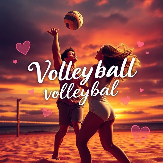 A romantic volleyball-themed book cover featuring a dramatic sunset backdrop on a beach volleyball court