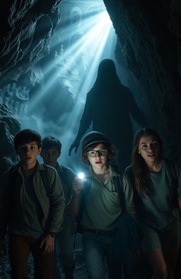 A dramatic scene depicting a group of brave students engaged in community service inside a haunting cave known as the Village of Death