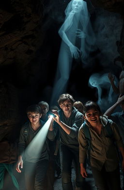 A dramatic scene depicting a group of brave students engaged in community service inside a haunting cave known as the Village of Death