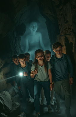 A dramatic scene depicting a group of brave students engaged in community service inside a haunting cave known as the Village of Death