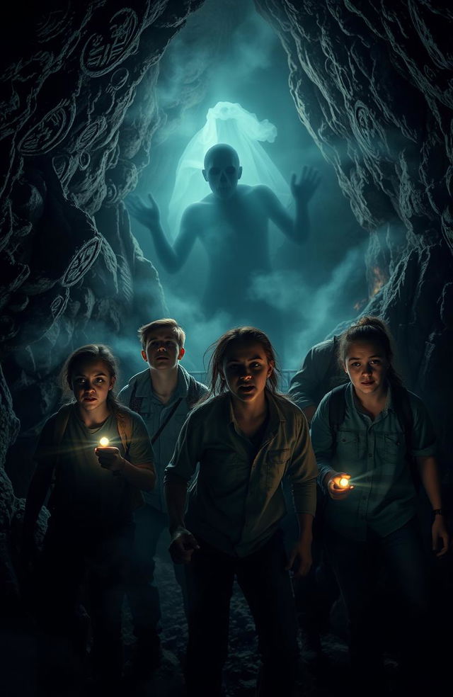 A dramatic scene depicting a group of brave students engaged in community service inside a haunting cave known as the Village of Death