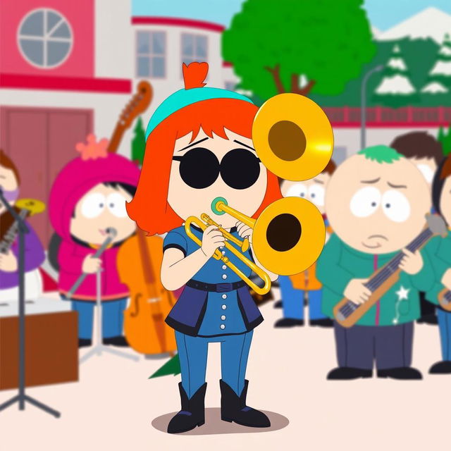 A lively cartoon scene inspired by the South Park style, featuring Wendy Testaburger playing a trombone with great enthusiasm