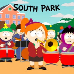 A lively cartoon scene inspired by the South Park style, featuring Wendy Testaburger playing a trombone with great enthusiasm