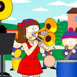 A lively cartoon scene inspired by the South Park style, featuring Wendy Testaburger playing a trombone with great enthusiasm