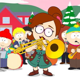 A lively cartoon scene inspired by the South Park style, featuring Wendy Testaburger playing a trombone with great enthusiasm