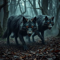 An ominous forest scene featuring a pack of corrupted wolves, exuding a sinister and evil presence