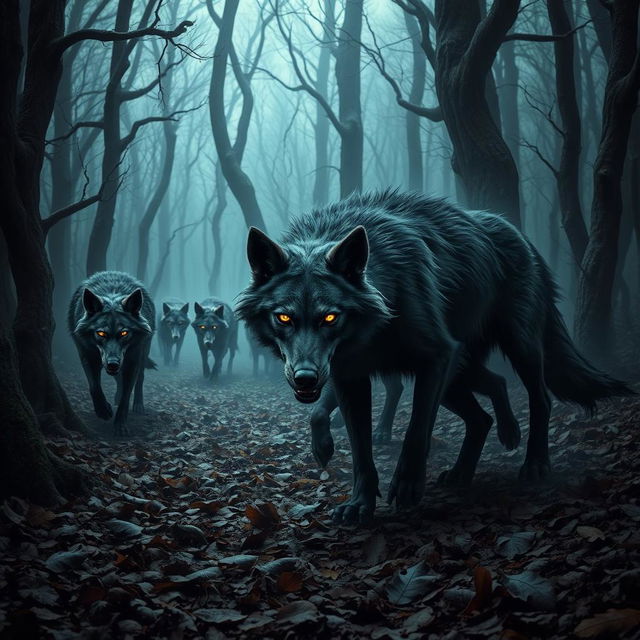 An ominous forest scene featuring a pack of corrupted wolves, exuding a sinister and evil presence