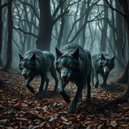 An ominous forest scene featuring a pack of corrupted wolves, exuding a sinister and evil presence