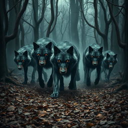 An ominous forest scene featuring a pack of corrupted wolves, exuding a sinister and evil presence