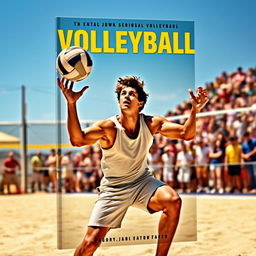 A captivating book cover depicting an intense volleyball match where a male player is in the action of serving the ball