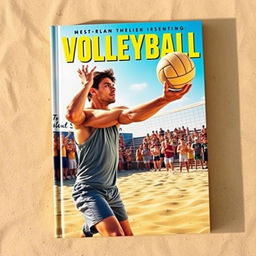A captivating book cover depicting an intense volleyball match where a male player is in the action of serving the ball